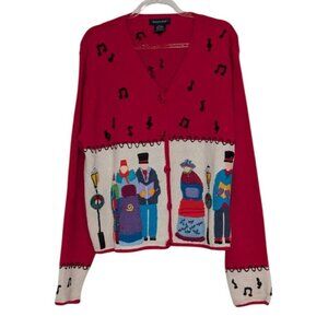 Vintage Eagles Eye Carolers Cardigan Womens Size Large Red Embroidered Christmas